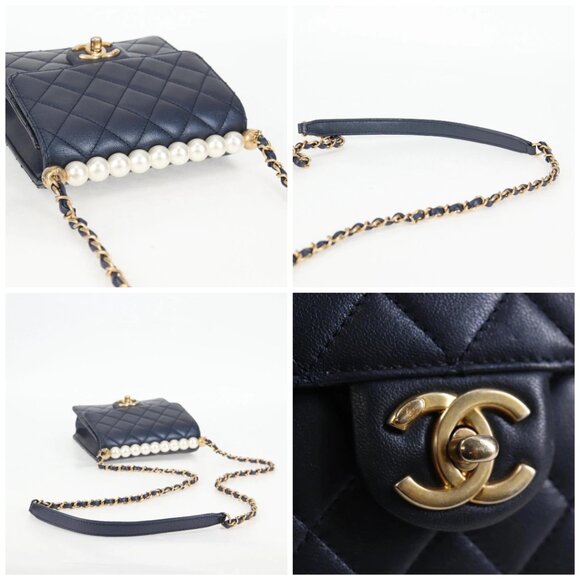 CHANEL Matelasse Chain Shoulder Bag Lamb Skin Navy CC Auth 132881M - Picture 16 of 16